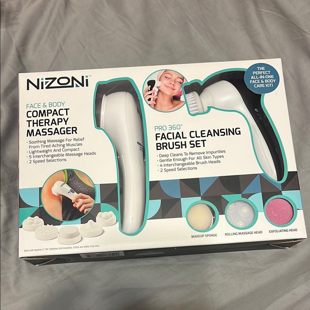 NWT! Nizoni Compact Therapy Massager and Facial Cleansing Brush Set